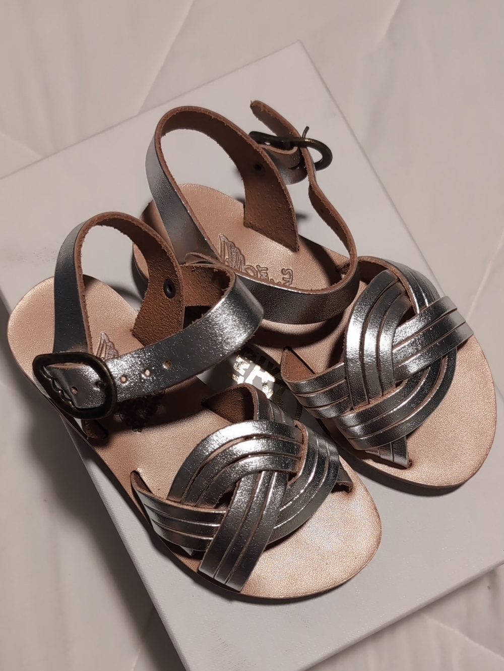 Ancient Greek Sandals Kids Metallic Silver Braided Leather Sandals